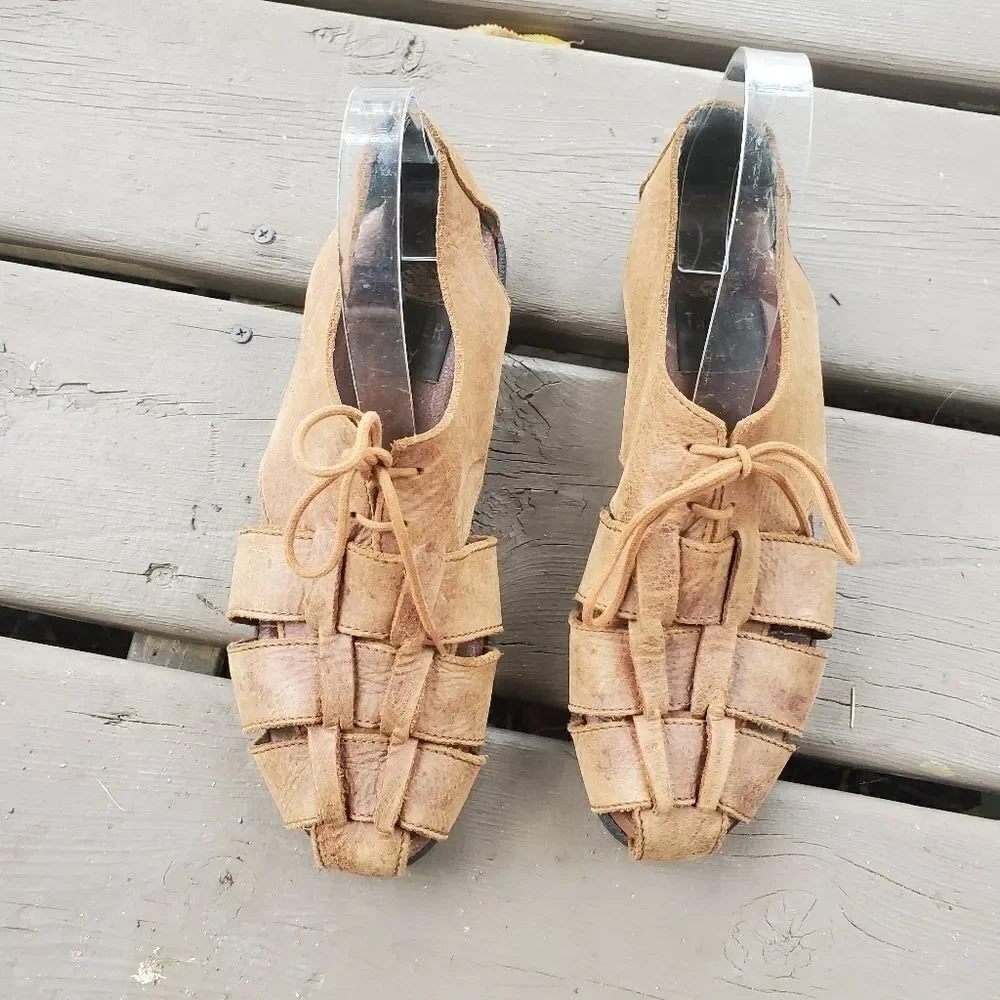Vintage 90s y2k Brown Leather‎ Greek Fisherman Chunky Platform Jesus Sandals 8.5